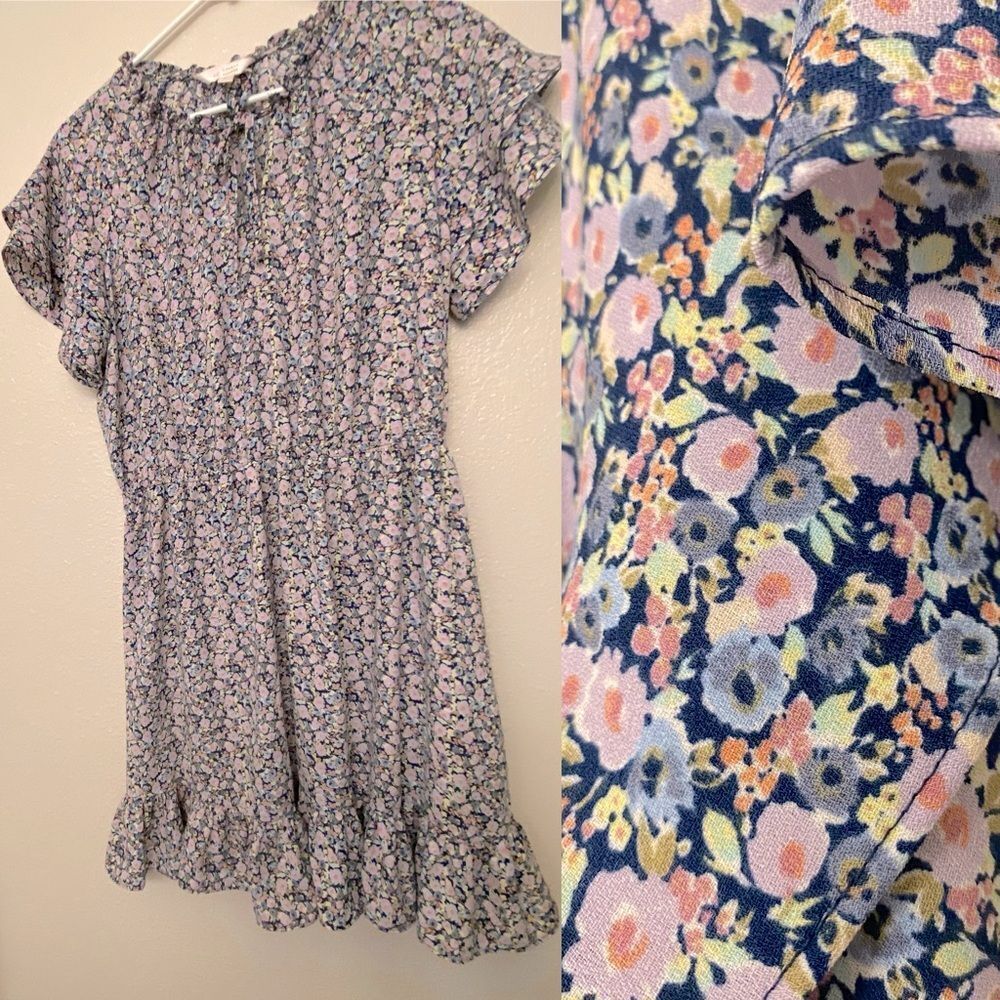 Summer dress short tie neck ruffle flutter micro floral print feminine fairy L